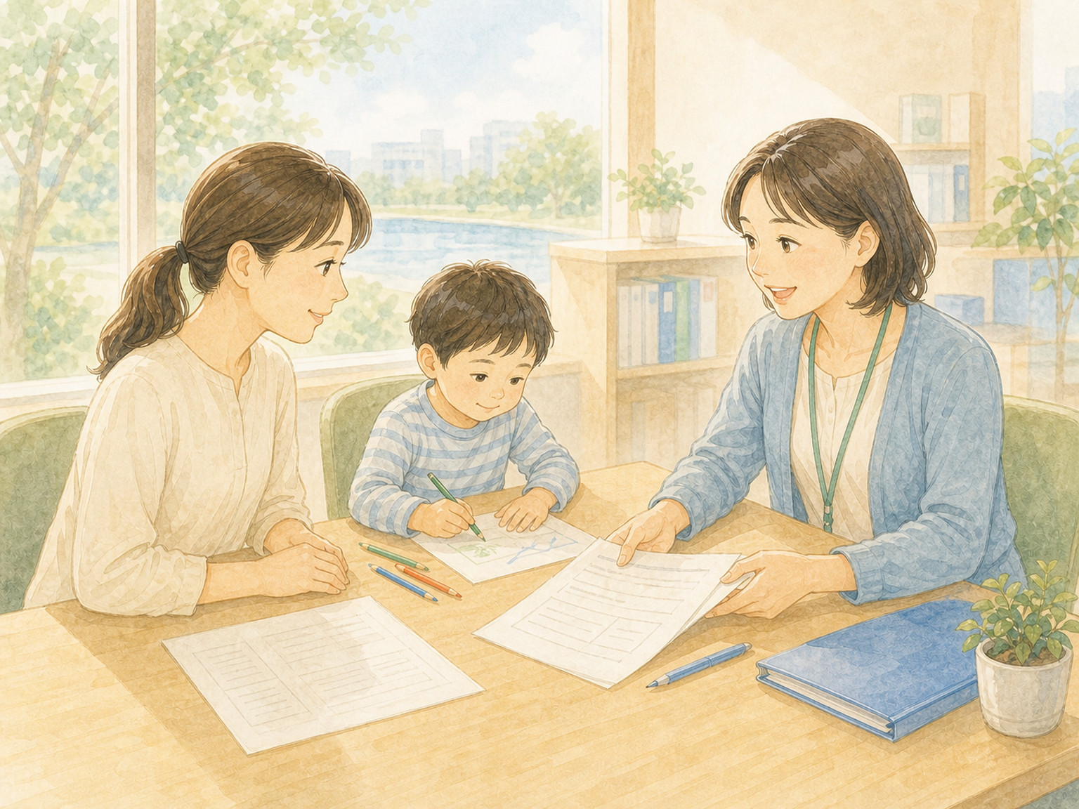 親子が支援員と一緒に申請書類を準備しているイラスト