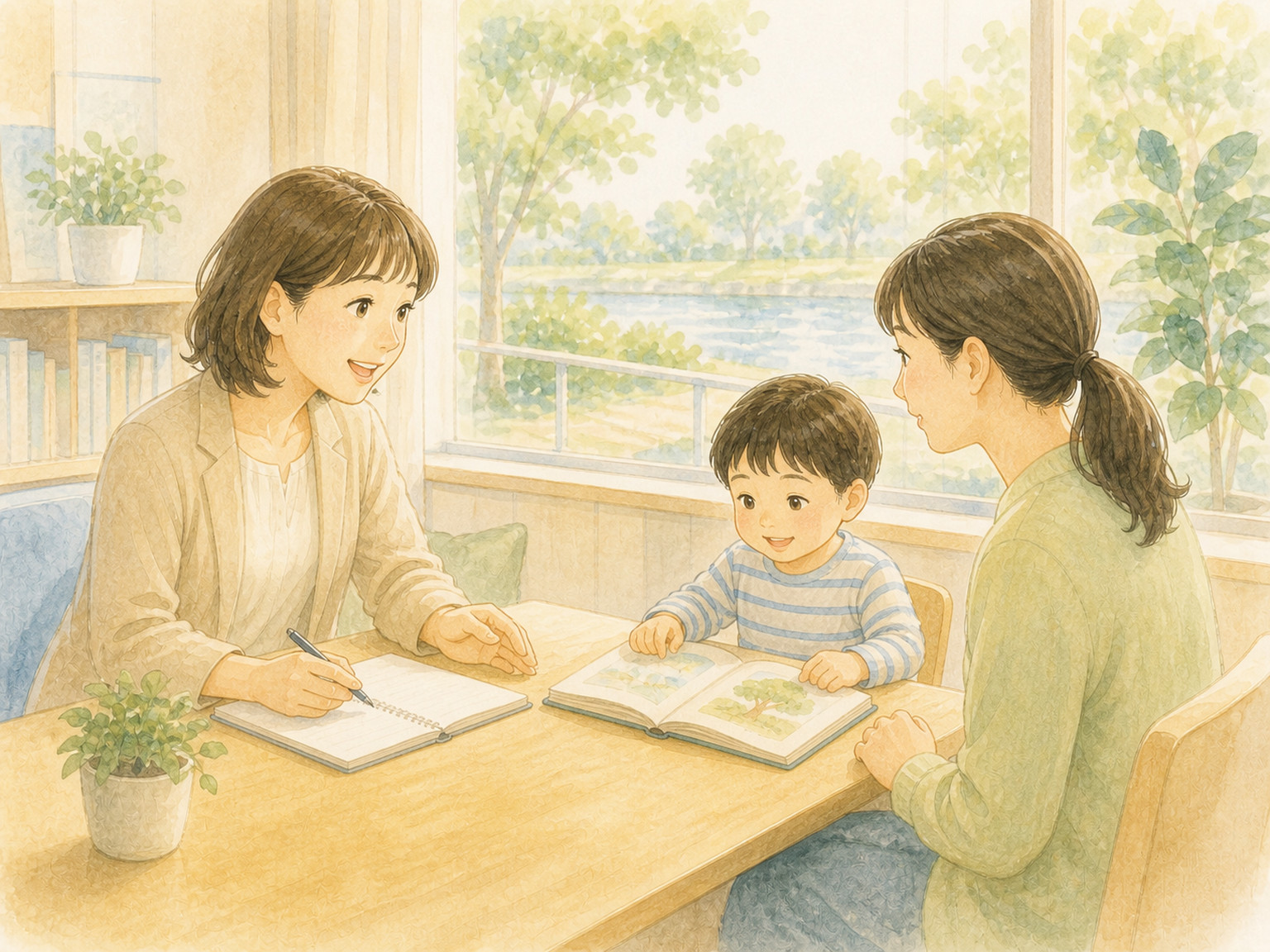 親子が相談員へ発達や生活について相談しているイラスト