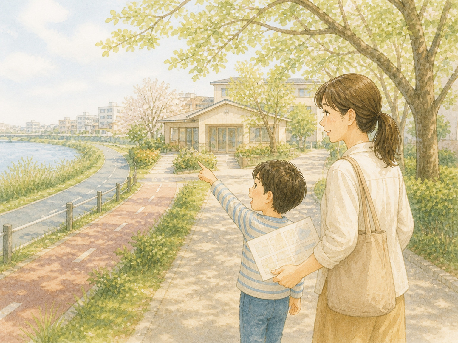 親子が江戸川区の水辺を歩きながら事業所を探しているイラスト