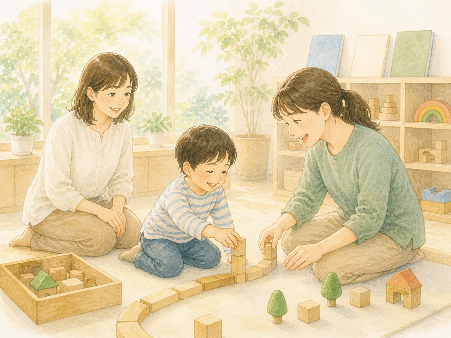 子どもが事業所で支援員と遊びを始め、保護者が見守っているイラスト